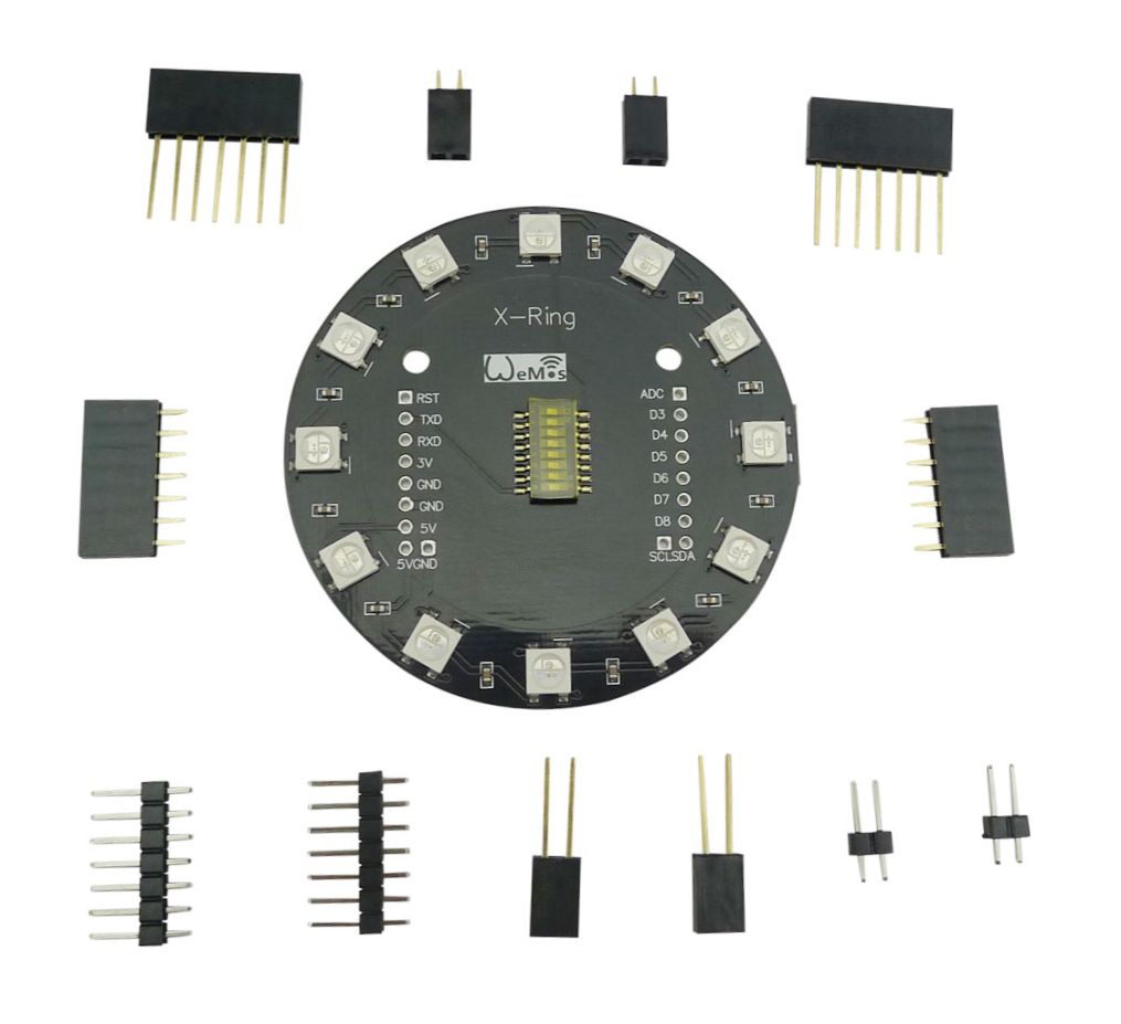 WEMOS X-ring shield neopixels 12-bit (WS2812B) bovenkant met header pins